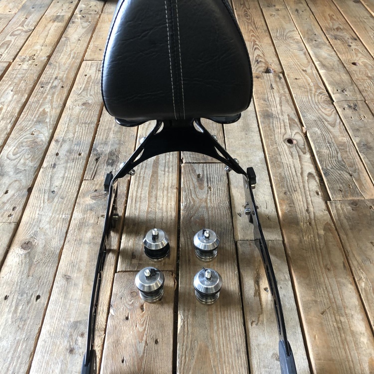 Indian Scout passenger backrest and rack with mounting spools